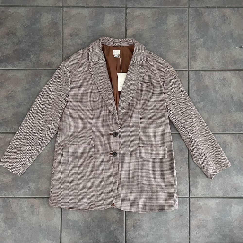 Plaid Women’s Blazer Large Navy‎ Brown Cream  A New Day Mid Length